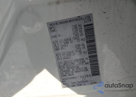 2019 Nissan Rogue Sv z USA, uszkodzony, nr VIN 5N1AT2MV8KC739563